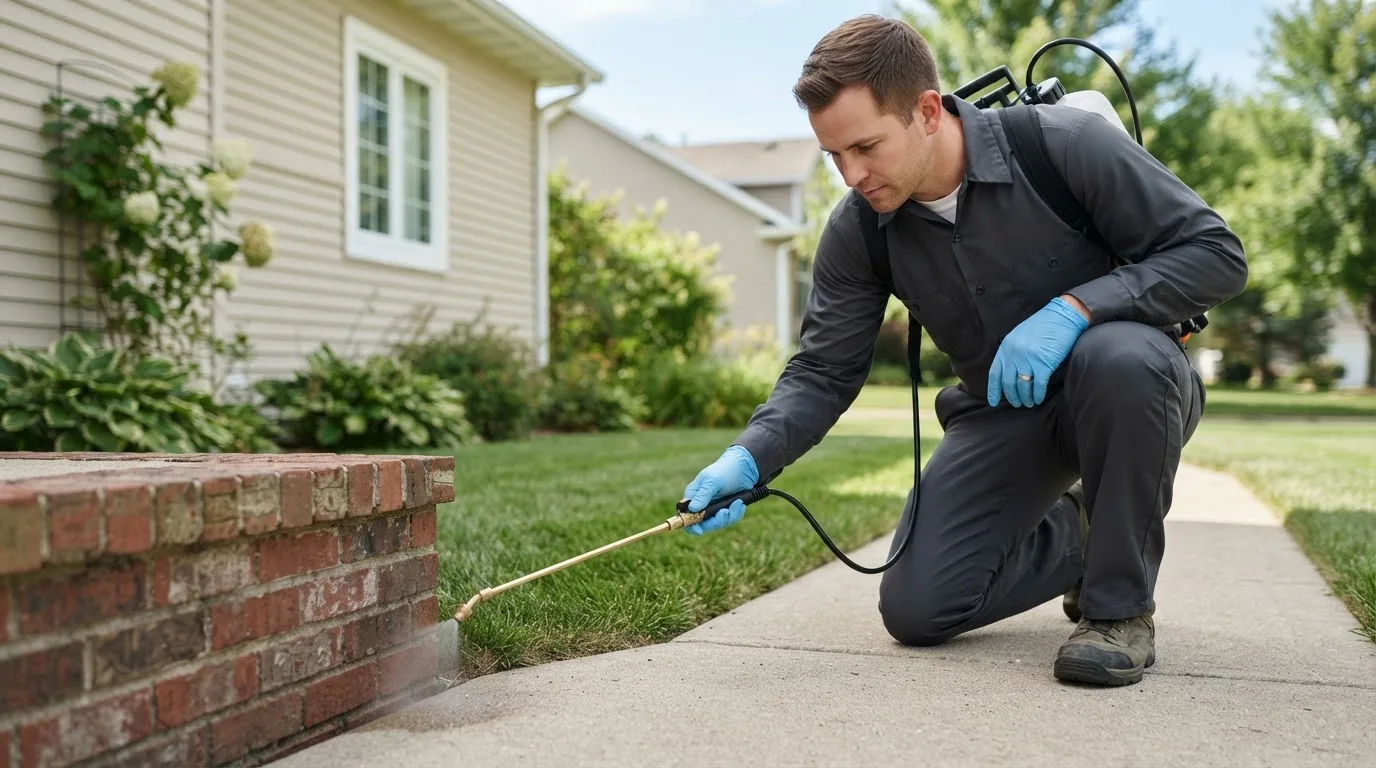 Pest control technician treating a home near New Alexandria, PA